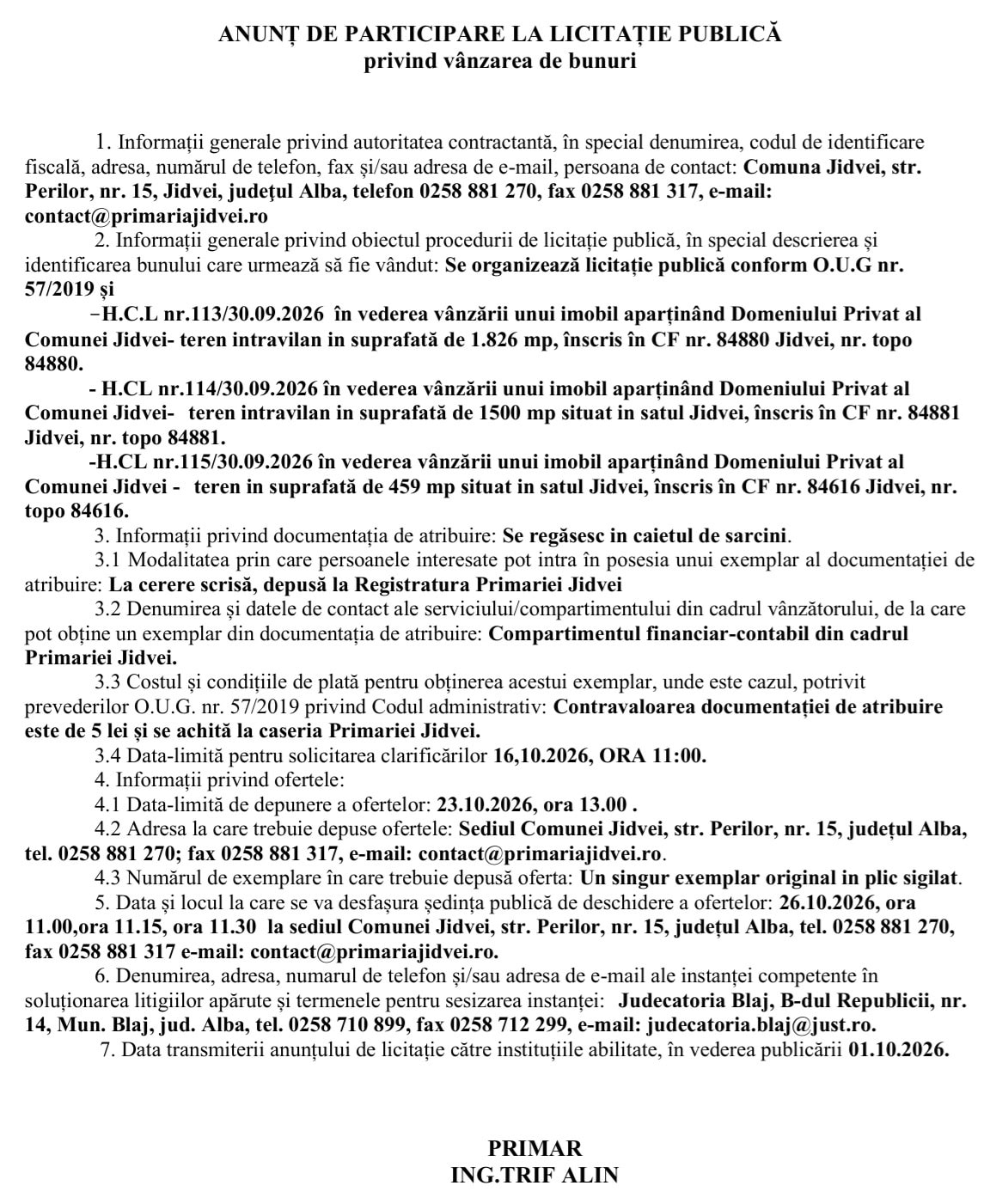 anunt licitatie vanzare terenuri comuna Jidvei